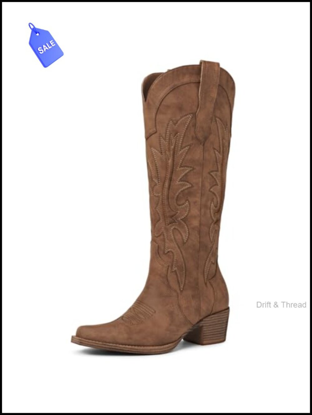Faux Leather Knee High Cowboy Boots Chunky Heel Pointed Toe Western